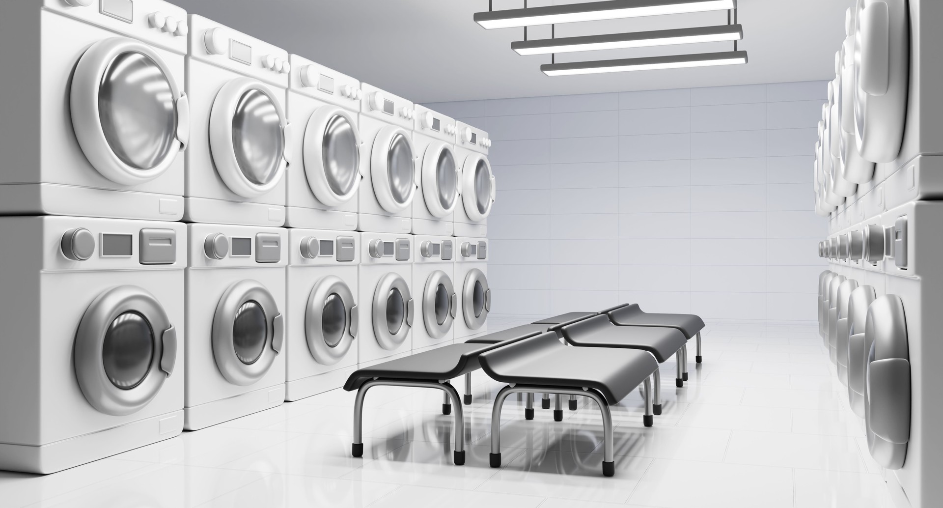 Laundromat interior perspective. Commercial self service laundry room with rows of washing and dryer machine, waiting area with empty chairs, lamps. Industry, dry cleaning, business